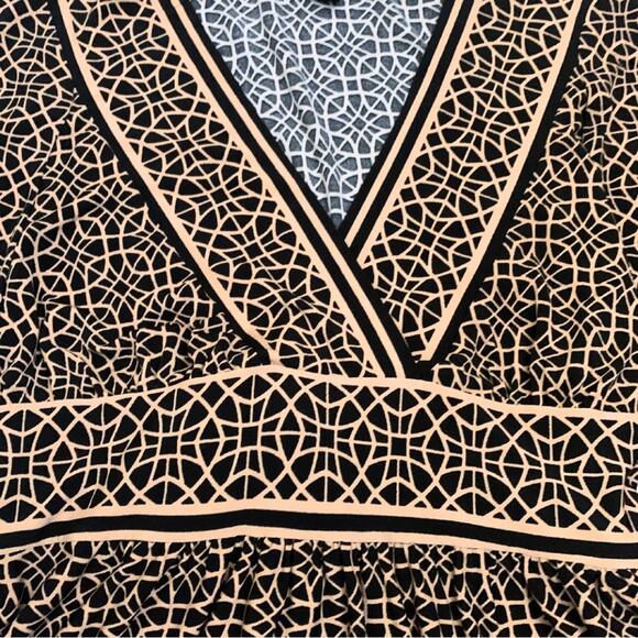 Black Tan Geometric Pattern Midi Dress Long Sleeves Large Petite Stretch Career - Picture 3 of 12